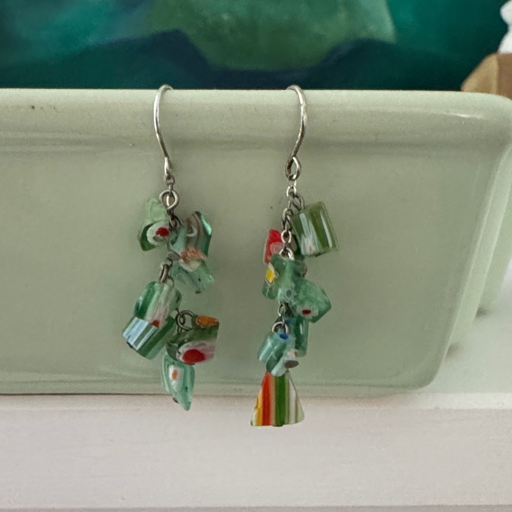 Millefiori Vintage Sterling Silver Green Glass Beaded Dangle Earrings